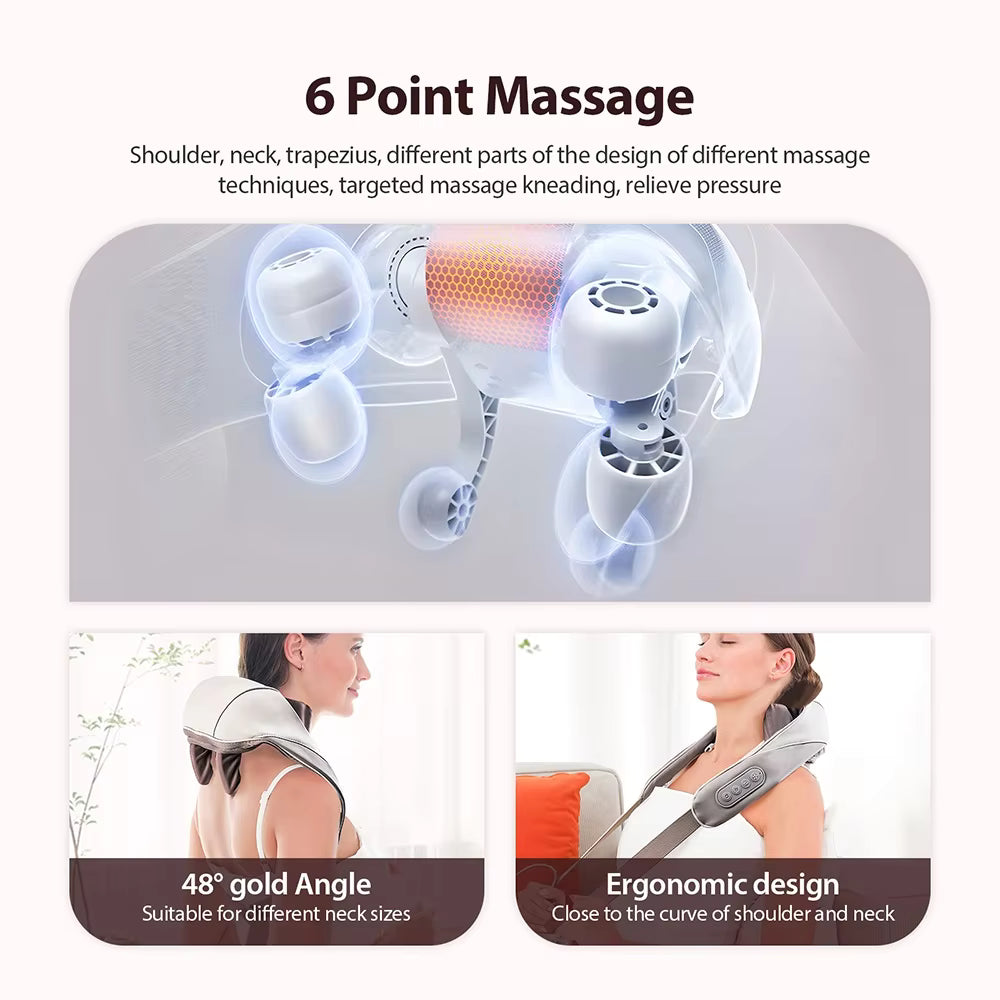Cordless Shiatsu Neck & Shoulder Massager with Heat – 6-Point Kneading, 2 Modes & 2 Intensities
