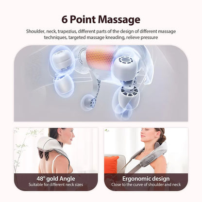 Cordless Shiatsu Neck & Shoulder Massager with Heat – 6-Point Kneading, 2 Modes & 2 Intensities